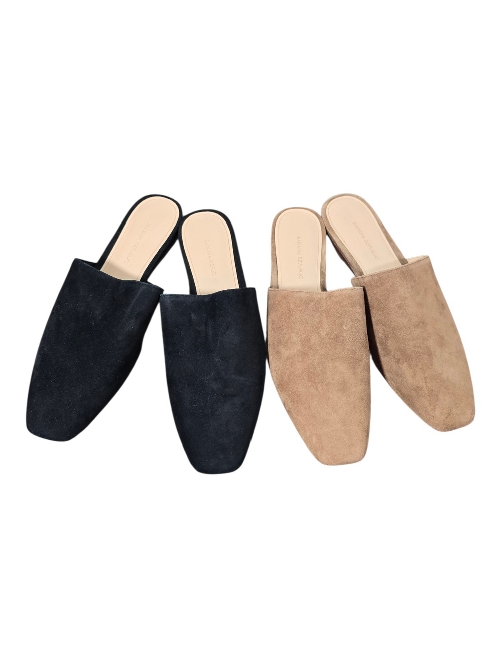 NWT Bundle 2 Pair Banana Republic Suede Slip-On Mules Flats in Black and Taupe